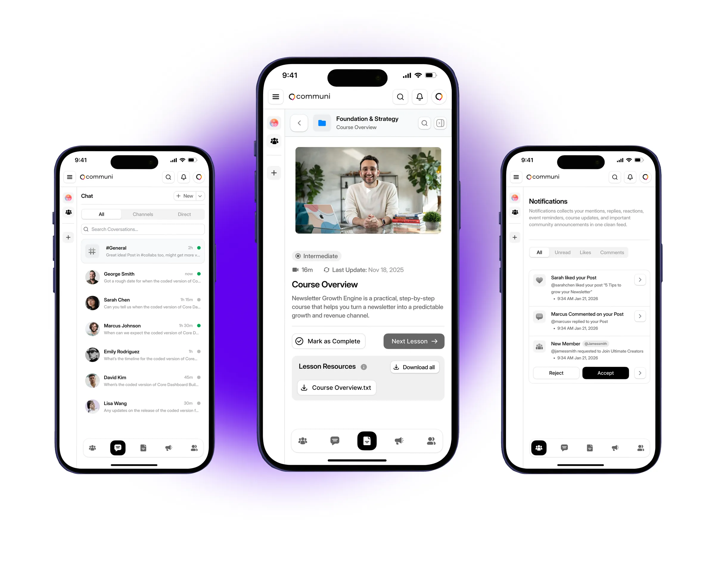 Chat, courses and notifications