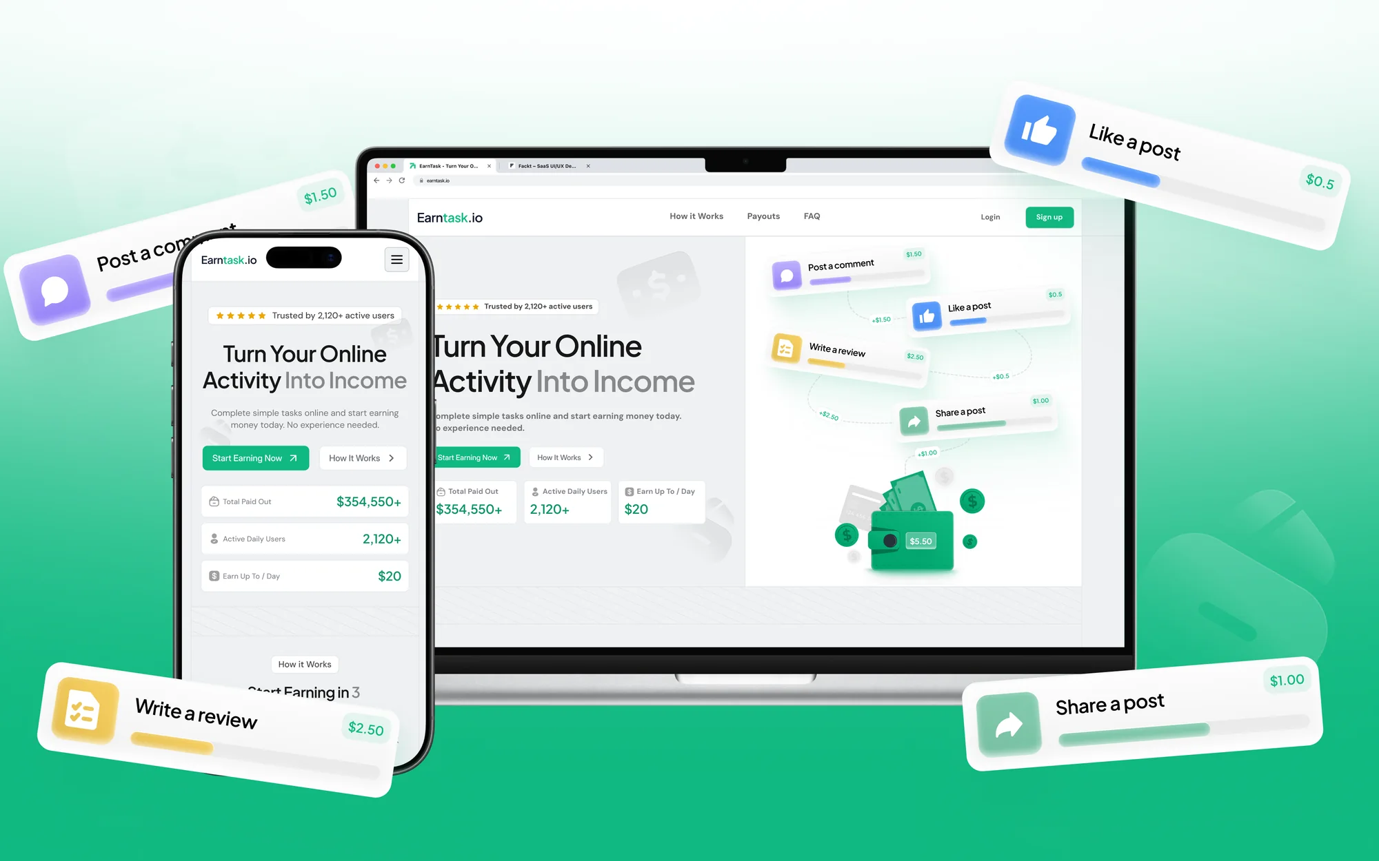 EarnTask, web design by Fackt