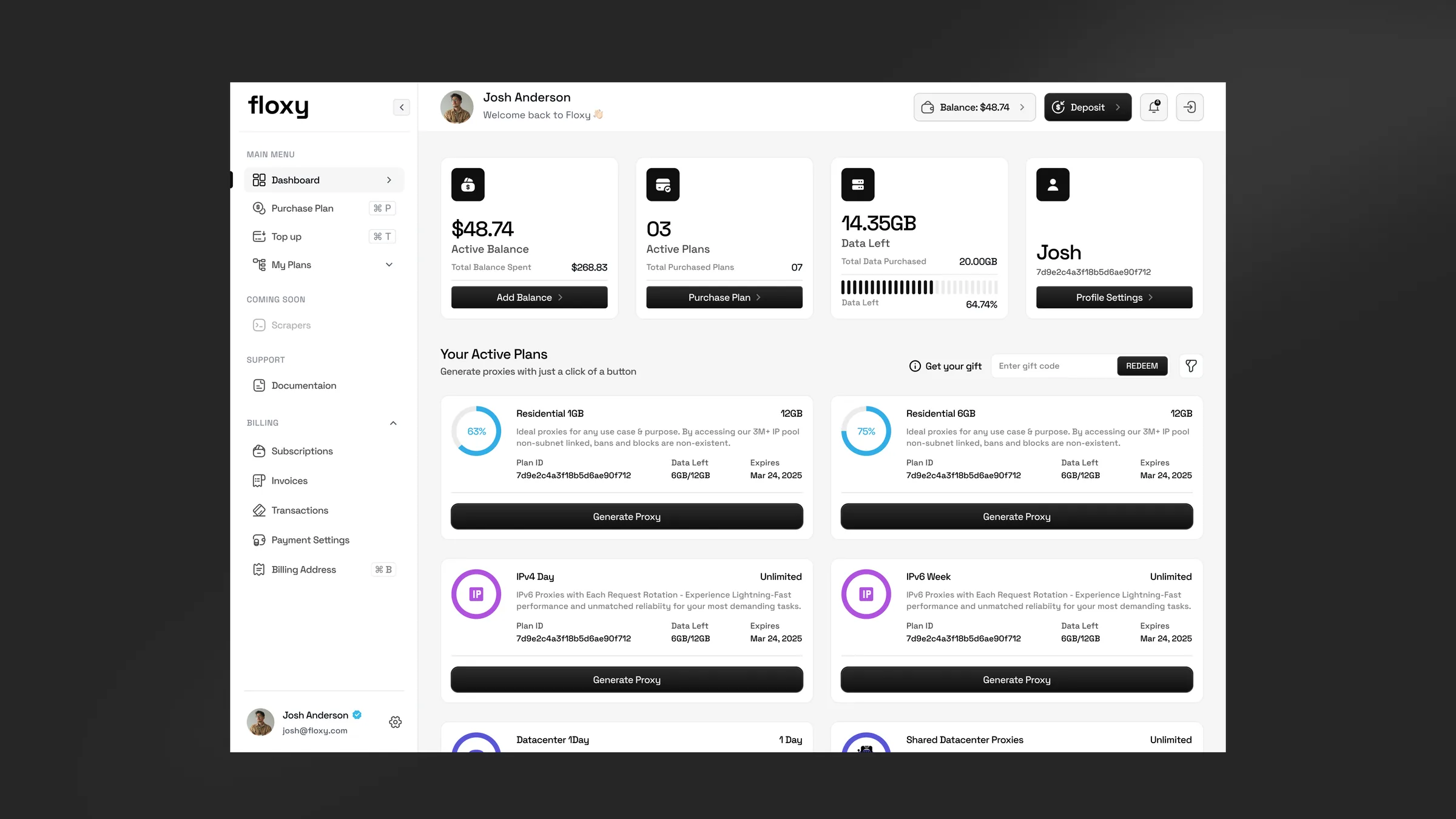 Balance, active plans and data left at a glance