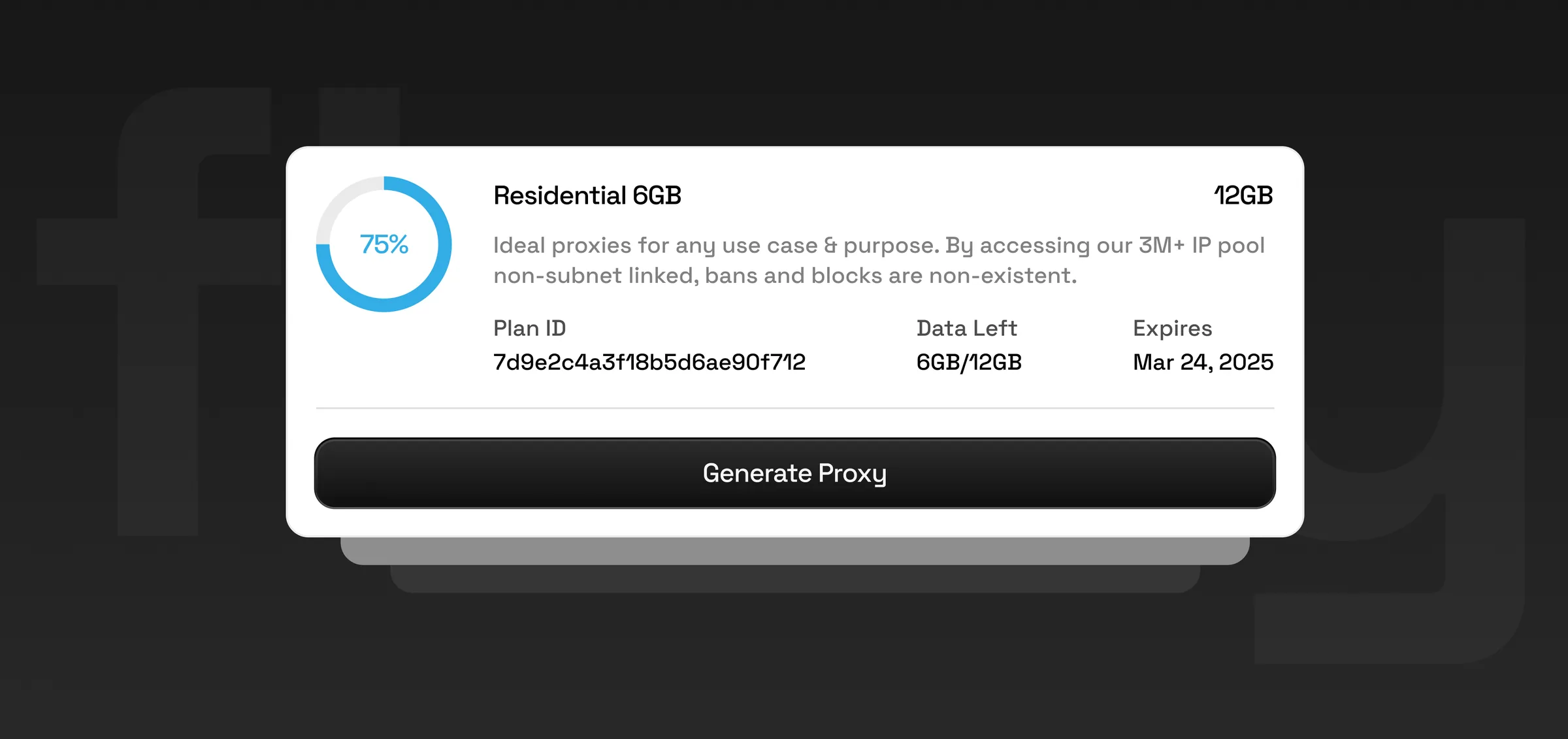 Plan card: usage, data left and one-click proxy generation