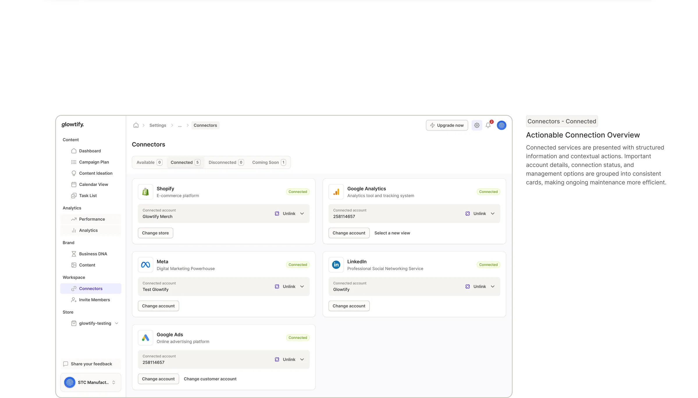 Actionable connection overview