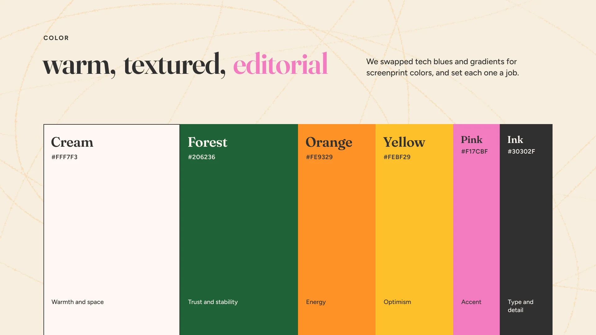 Cream, forest, orange, yellow and a little pink