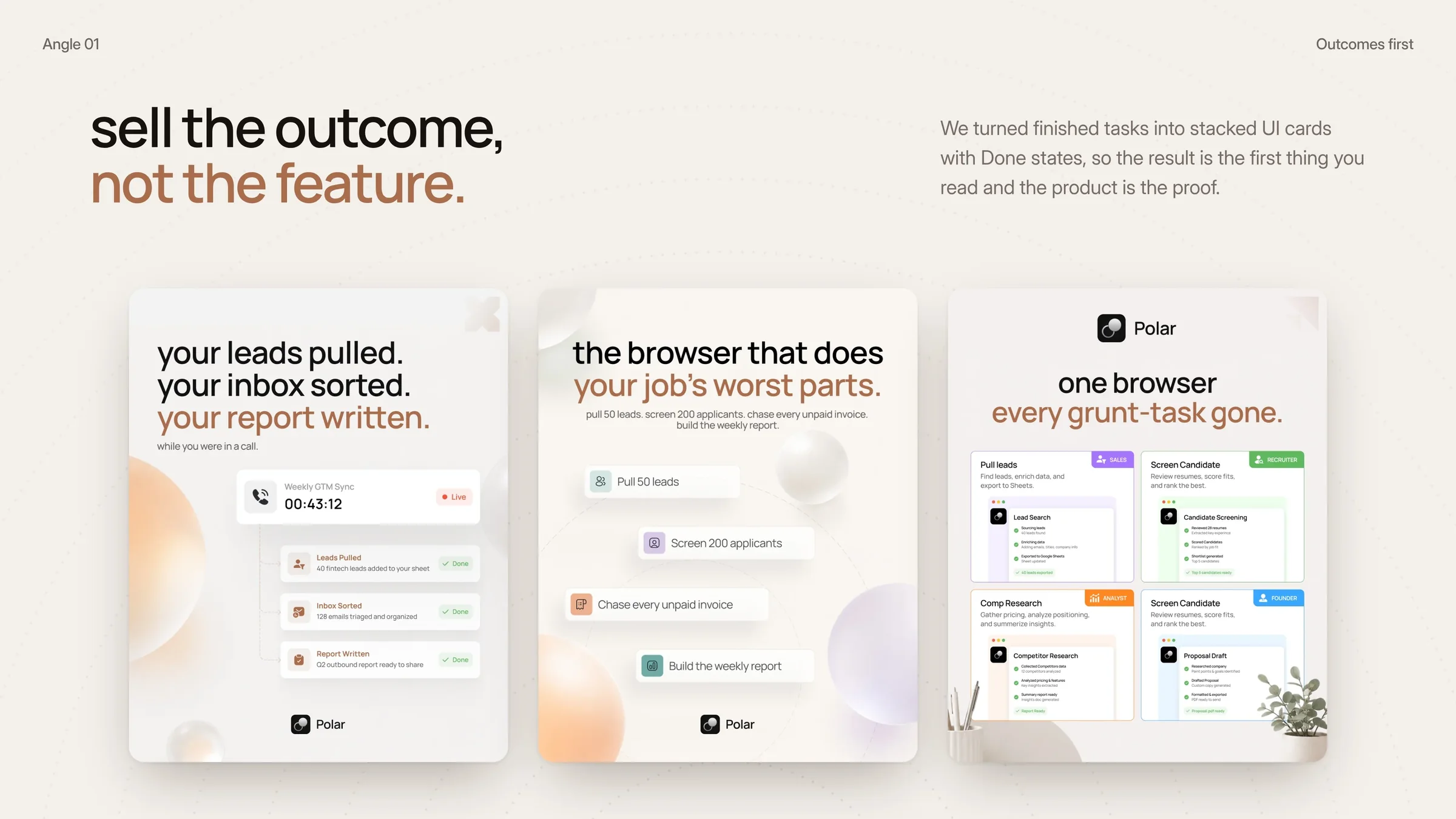 Angle 01: sell the outcome, not the feature