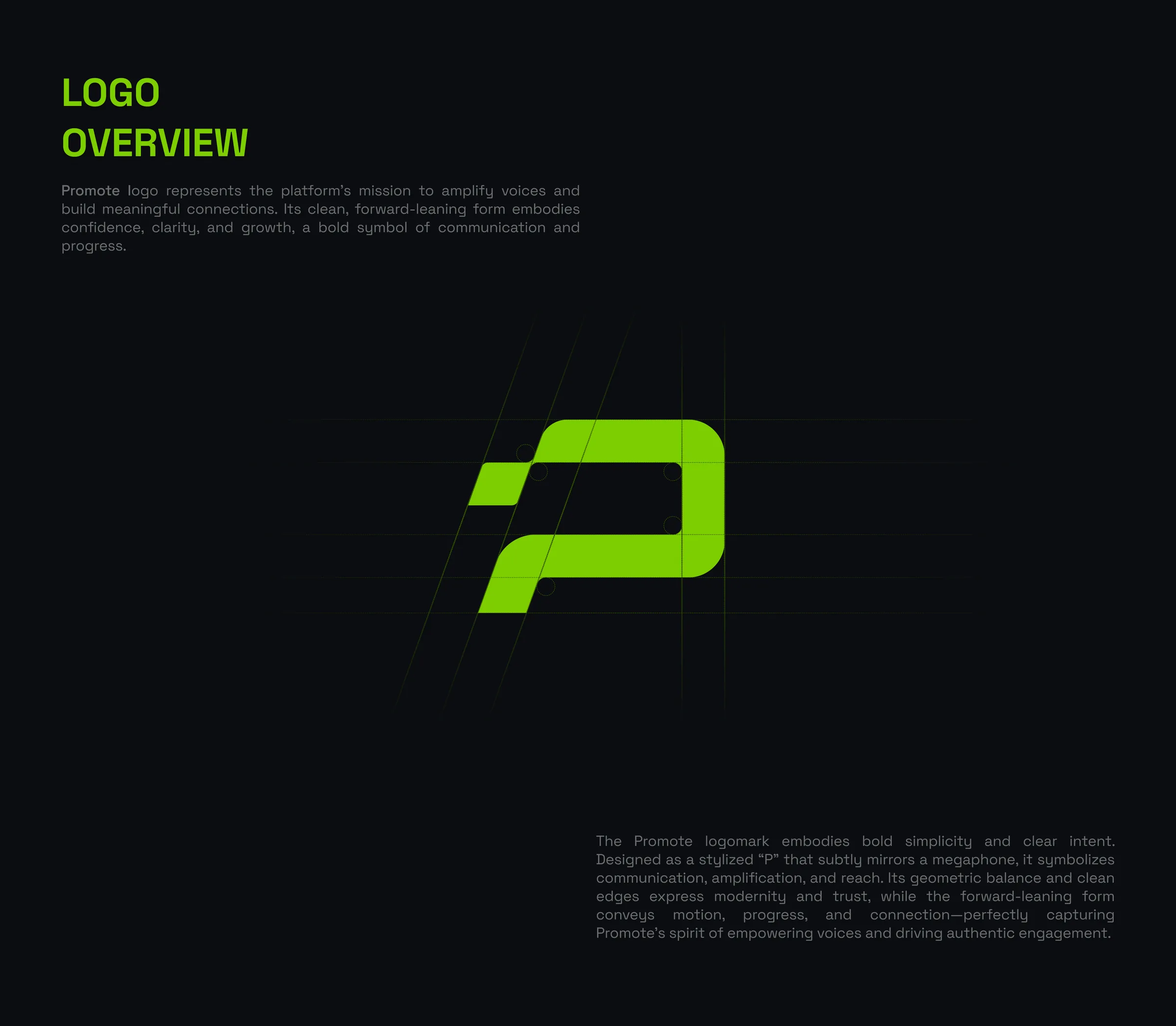 The logomark: a P that mirrors a megaphone