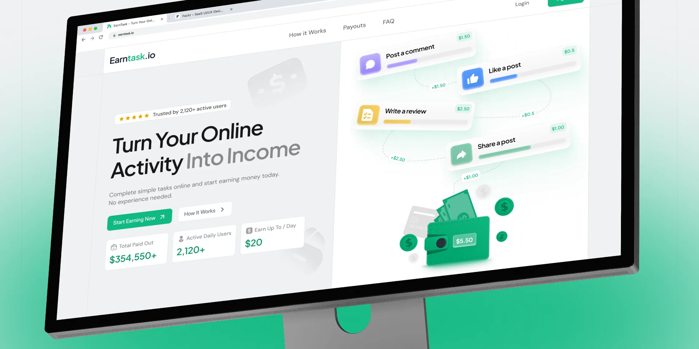 EarnTask, web design by Fackt